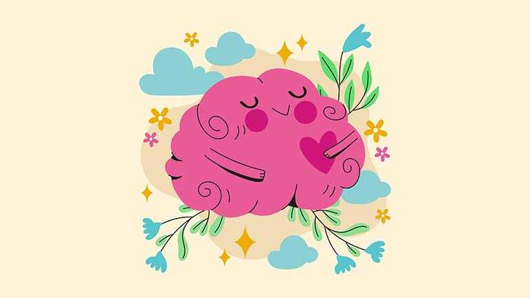 Transactional Analysis: Animated pink-coloured happy brain character surrounded by leaves and clouds.