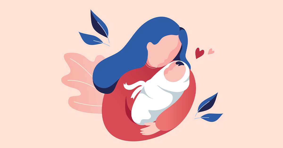 Maternal Mental Health Awareness Month illustration of a blue-haired mother wearing a red top cradling her baby swaddled in white.