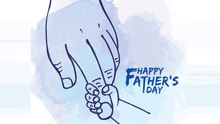 June marks Father’s Day and Loneliness Awareness Month – illustration of a baby’s hand grasping father’s finger and the words Happy Father’s Day in blue.