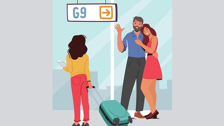 Empty Nest Syndrome illustration – parents wave goodbye to young adult daughter holding her suitcase and passport at the airport.