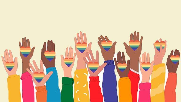 LGTBQ teen illustration - raised hands holding rainbow hearts during Pride Month