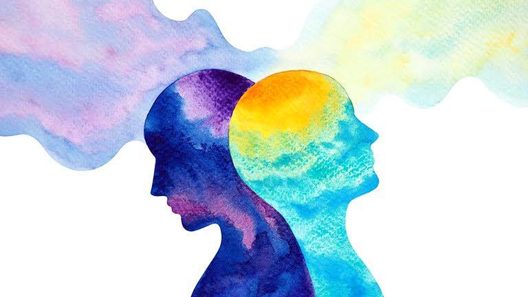 Intersectionality: two heads depicting LGBTQ+ and mental health disorder in watercolour