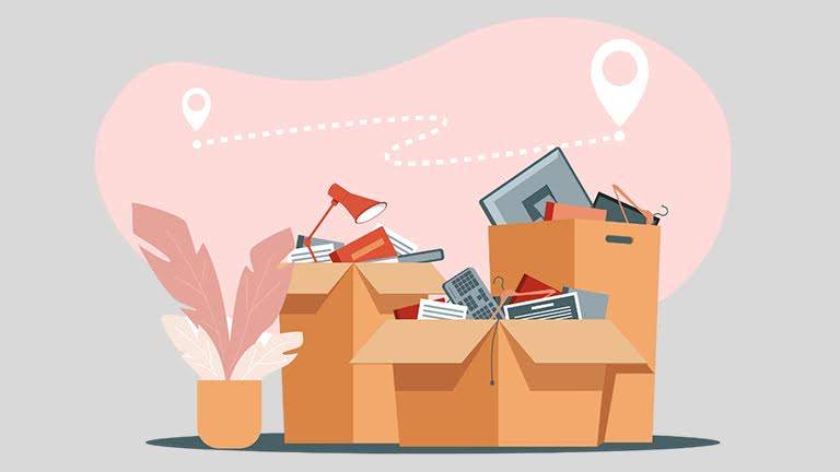 Relocation and mental health illustration: moving boxes with a pink background