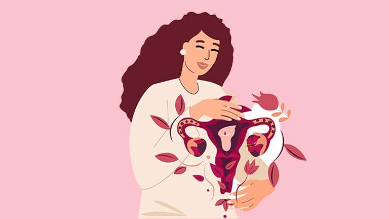 A woman holds a healthy womb in her hand, smiling gently, symbolizing care and awareness about menopause and women's health.