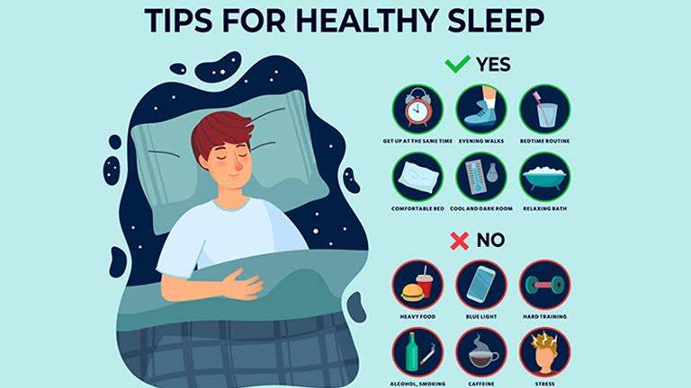 A person sleeping peacefully with the 'Tips for Healthy Sleep', including "yes" factors and "no" factors.