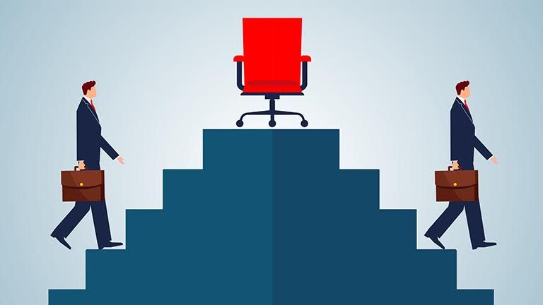 The illustration of two businessmen walking up steps toward a large red chair at the top symbolizes competition, career success, or the leadership journey.