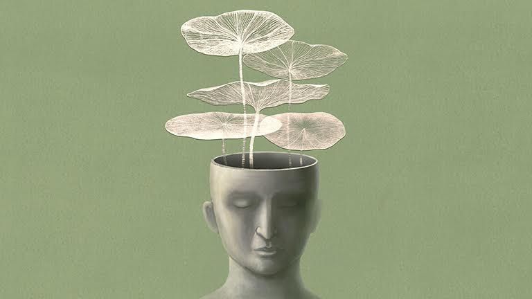 A serene, contemplative figure with an open head, from which delicate, translucent leaves grow upward, symbolizing mindfulness, growth, and mental clarity.