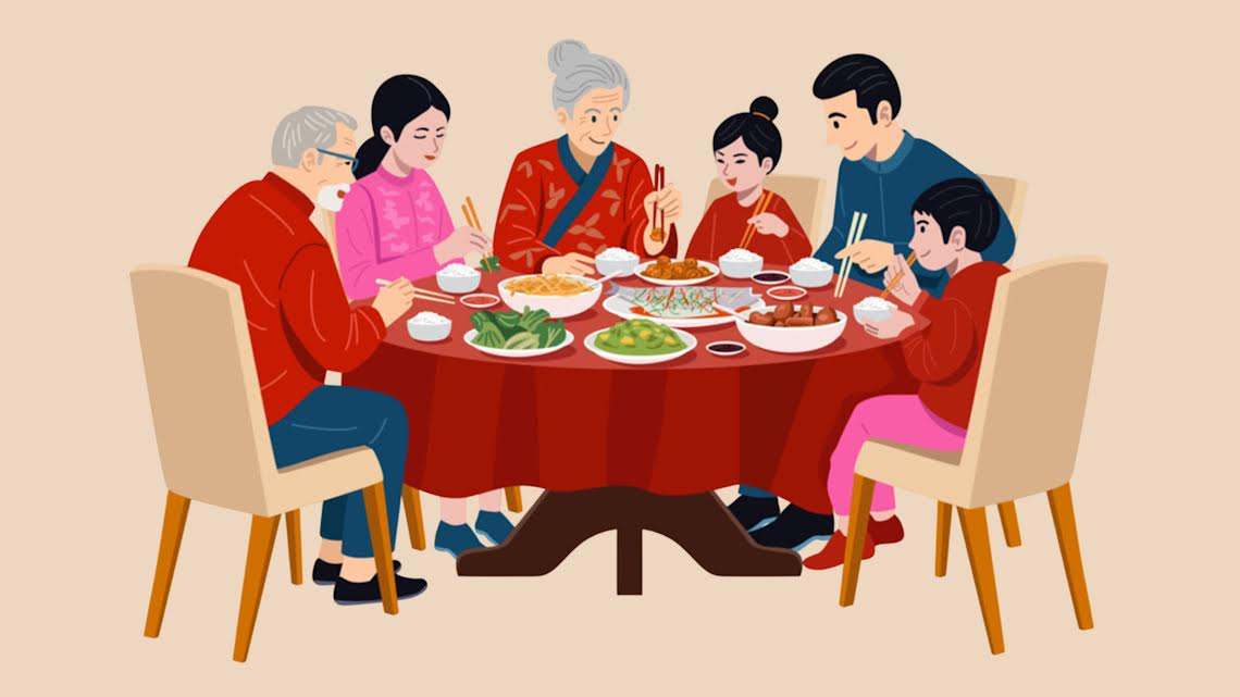 An image of families sitting together and having their meal in a happy and warm atmosphere, sharing laughter and meaningful conversations.