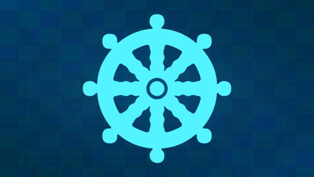 The wheel of a ship in blue colour with a blue background stands out, symbolizing both calm and adventure, as it gently reflects the hues of the sea, guiding the vessel towards distant horizons.