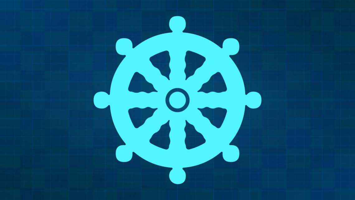 The wheel of a ship in blue colour with a blue background stands out, symbolizing both calm and adventure, as it gently reflects the hues of the sea, guiding the vessel towards distant horizons.