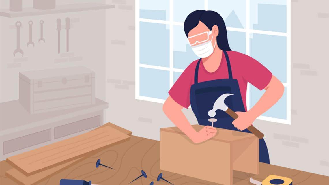 The image is a digital illustration of a woman working on a woodworking project in a workshop. She is hammering a nail into a wooden box, demonstrating focus and craftsmanship.