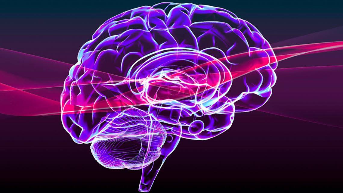 Neon-style illustration of a human brain. The brain is outlined in vibrant purple and pink hues, with glowing neural pathways and a striking visual effect.