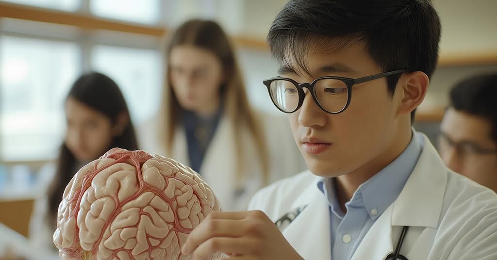 A young medical student wearing glasses and a white lab coat examines a detailed anatomical brain model in a classroom setting.