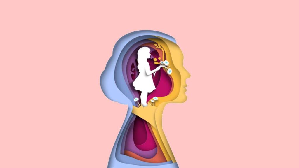 Little girl inside the head of the woman, papercut vector illustration.