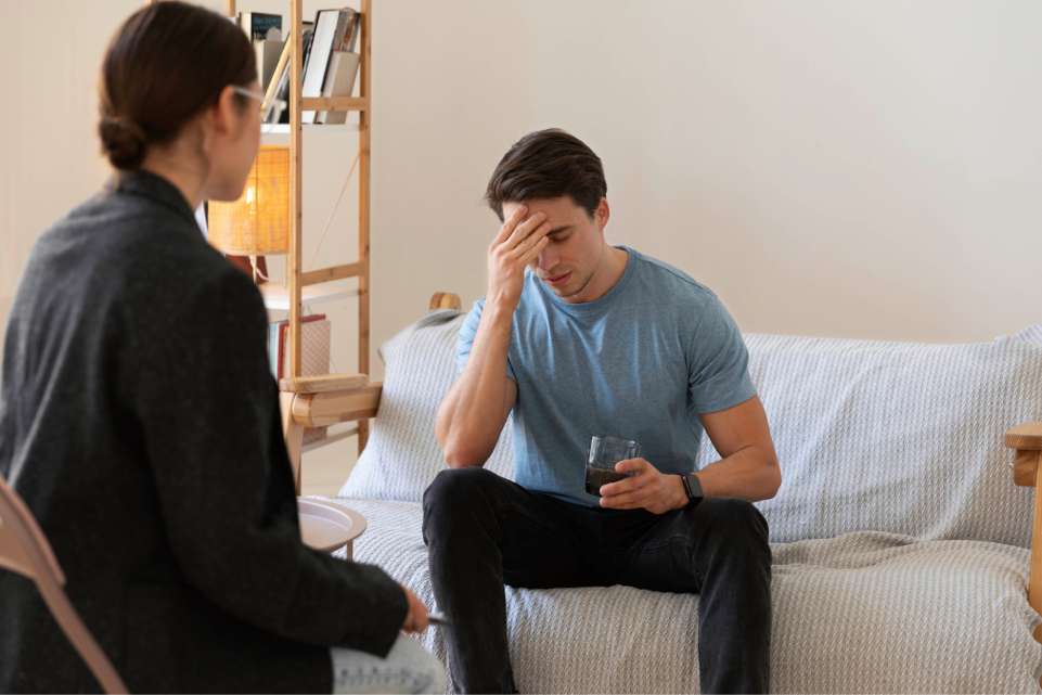 Man in therapy showing emotional distress