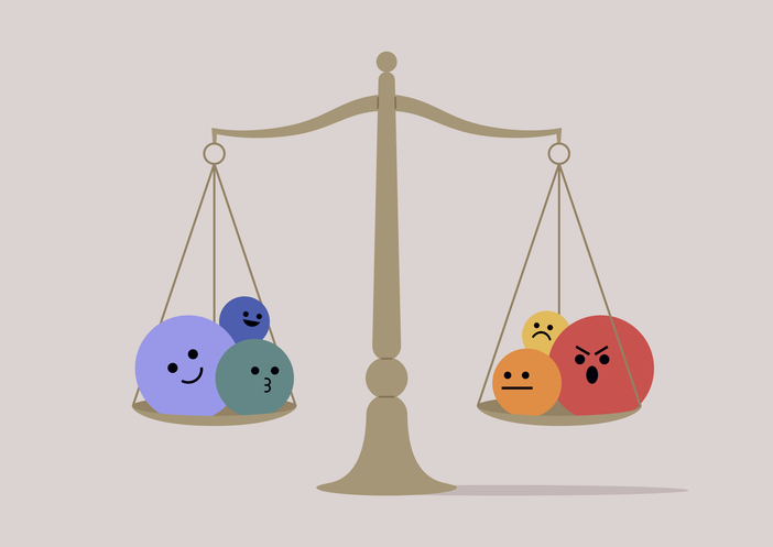 llustration of a balance scale comparing positive and negative emotions, symbolizing emotional regulation, emotional balance, and mental wellbeing.