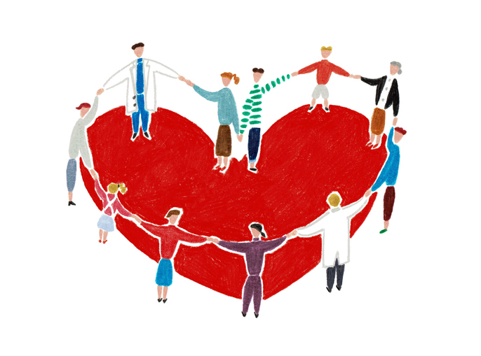 Illustration of people holding hands around a heart, symbolizing emotional connection, supportive relationships, and healthy communication.