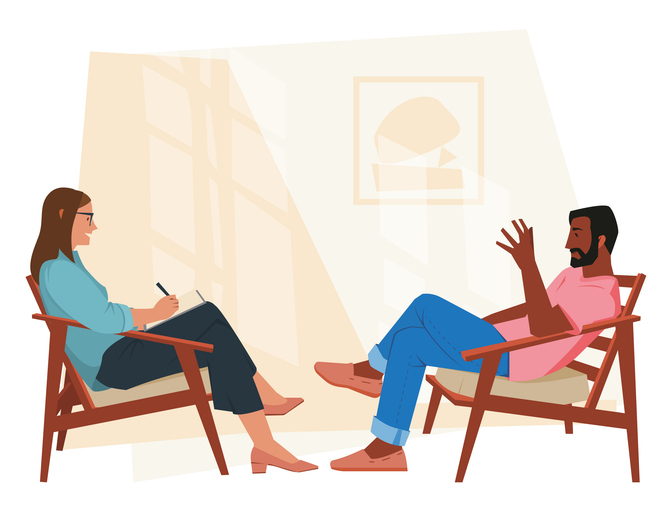 Illustration of a therapist and client in a counselling session discussing emotional regulation and mental wellbeing.