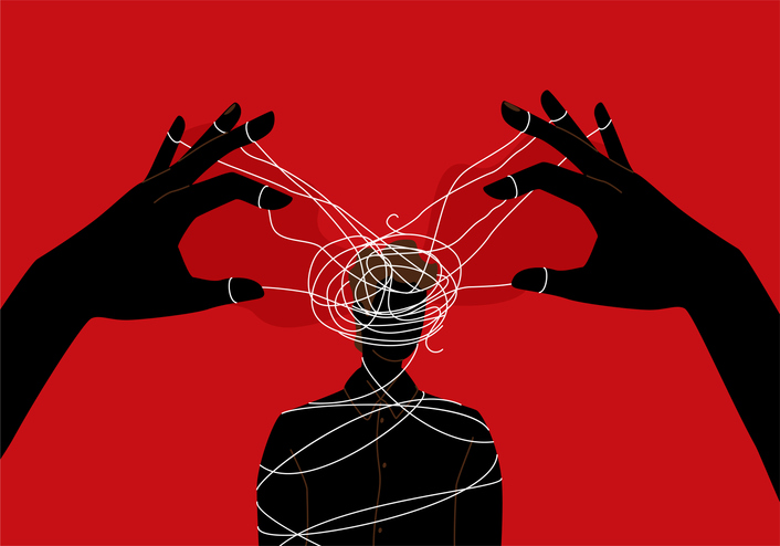 Illustration of a person overwhelmed by tangled emotions, representing emotional suppression, stress, and difficulty regulating feelings.