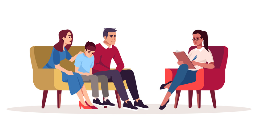 Illustration of a family meeting with a therapist during a family therapy session.