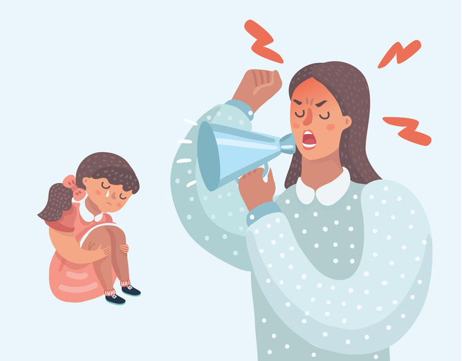 Illustration of an emotionally distressed parent speaking loudly while a child sits upset, representing parental emotional dysregulation and its impact on children.