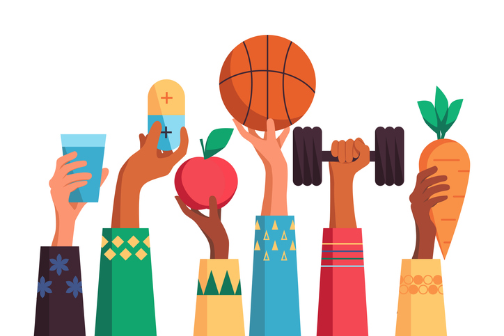 Illustration of hands holding health and wellness symbols, including a basketball, apple, medicine, water, weights, and carrot.