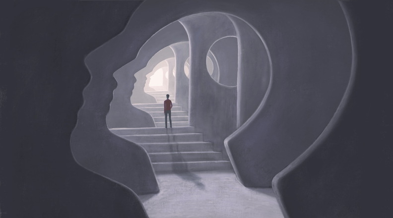 Illustration of a person walking through a tunnel shaped like a human head, symbolizing spiritual bypassing and avoidance of emotional work.