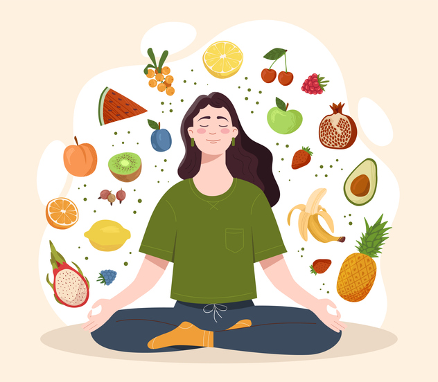 Illustration of a woman meditating cross-legged, surrounded by colourful fruits including citrus, berries, watermelon, bananas and avocado.