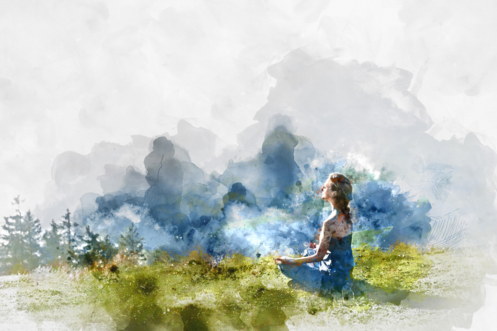 Watercolor illustration of a person meditating cross-legged in a grassy field, with blue-gray clouds and trees in the background.