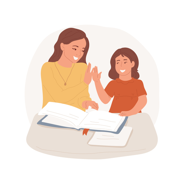 Illustration of an adult woman and a child smiling and high-fiving over an open book at a table.