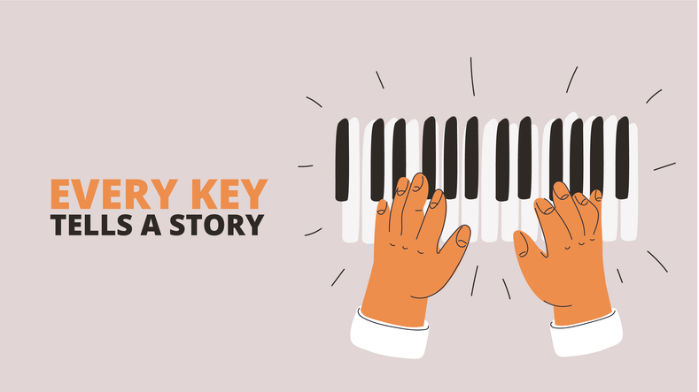 Illustration of hands playing piano keys with the words “Every Key Tells a Story,” representing mental health and music therapy.