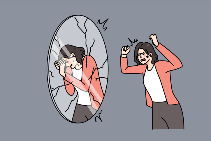 Illustration of a woman facing her distressed reflection in a cracked mirror, symbolizing DARVO manipulation, self-doubt, and distorted perceptions of blame.