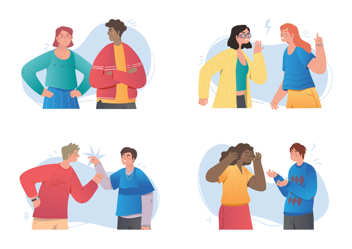 Four cartoon-style illustrations of pairs of people in tense conversations, showing disagreement, pointing, and emotional reactions.